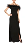 ALEX EVENINGS FEATHER TRIMMED OFF THE SHOULDER GOWN,81351465