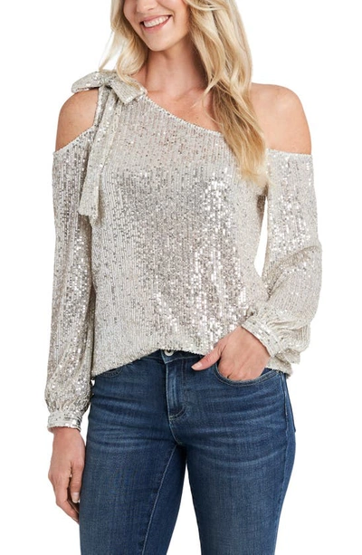 Cece Womens Sequined One Shoulder Blouse In Metallic