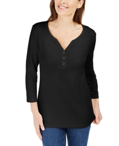 Karen Scott Petite 3/4-sleeve Henley Shirt, Created For Macy's In Deep Black