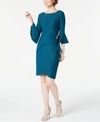 Alex Evenings Bell-sleeve Draped Compression Sheath Dress In Deep Teal