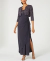 Alex Evenings Draped Column Gown With Bolero Jacket In Smoke