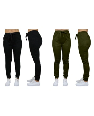 Galaxy By Harvic Women's Basic Stretch Twill Joggers, Pack Of 2 In Black-olive