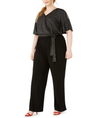 Ny Collection Plus Size Sparkle Tie-waist Jumpsuit In Silver Stardust