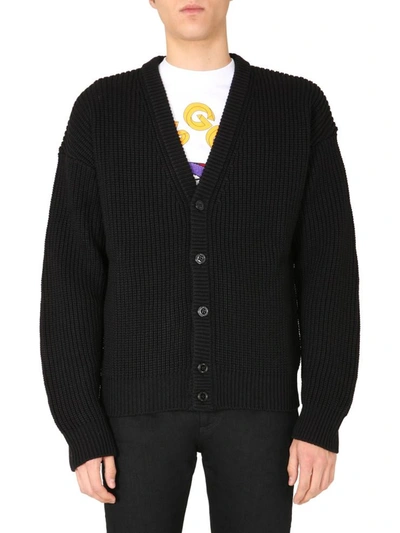 Gcds Oversize Cardigan With Jacquard Logo In Black