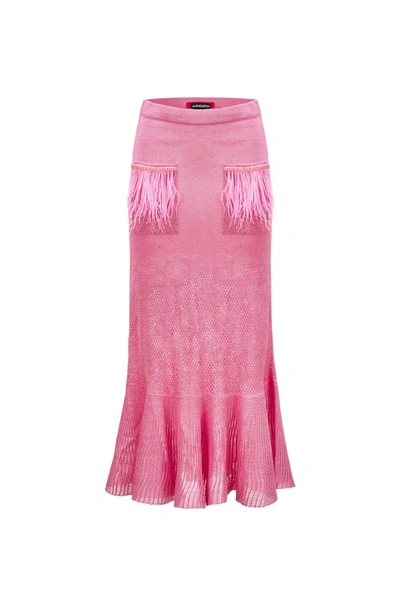 ANDREEVA PINK KNIT SKIRT WITH FEATHER DETAILS ON THE POCKET BY