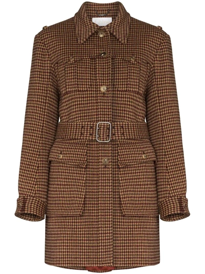 Chloé Chloe Brown Wool Houndstooth Jacket Dress In Brown/red/beige