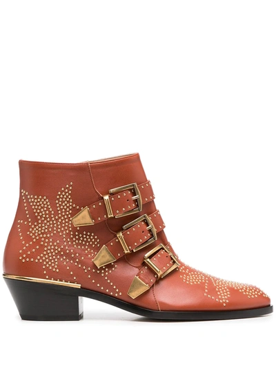 Chloé Susanna Low Heels Ankle Boots In Orange Leather In Brown