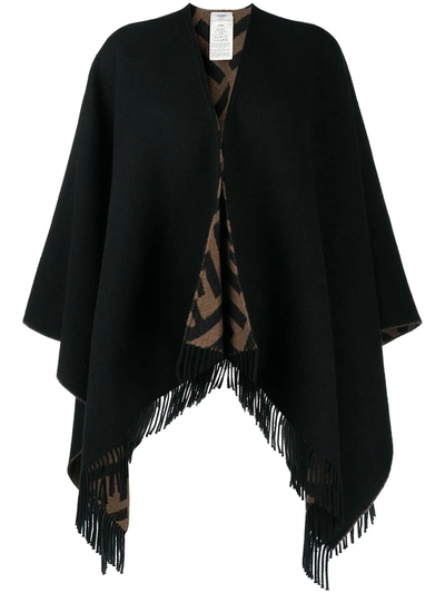 Fendi Jacquard Fringed Hooded Cape In Brown,black