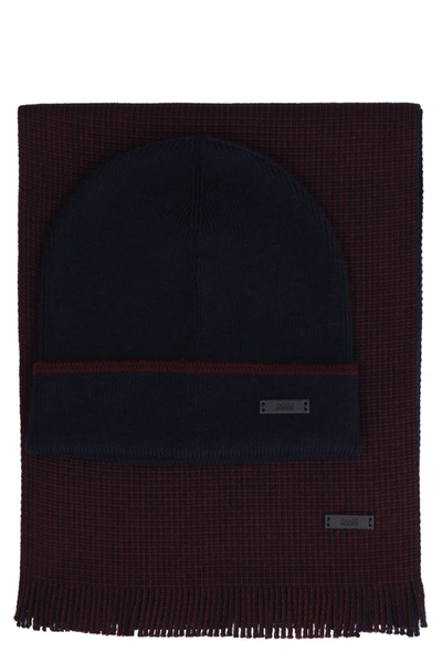 Hugo Boss Knit Beanie And Scarf Set In Blue