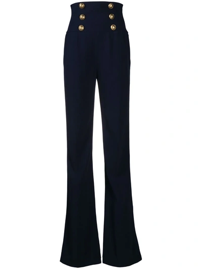 Balmain High Waisted Trousers With Embossed Buttons In Blue