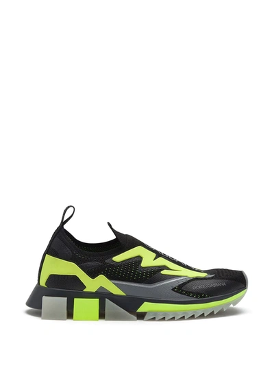 Dolce & Gabbana Sorrento Sneakers In Stretch Jersey With Logo In Nero Giallo Fluo