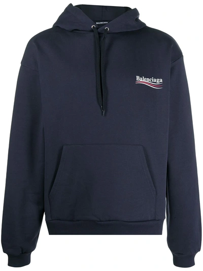 Balenciaga Logo Print Hoodie In Blue