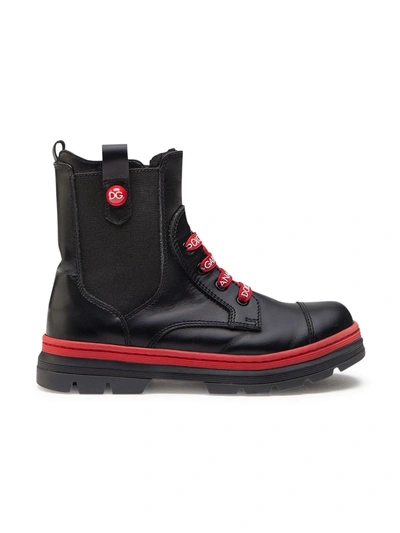 Dolce & Gabbana Kids' Calfskin Combat Boots With Branded Laces In Black/red