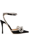 Mach & Mach Double Bow Crystal-embellished Satin Heeled Sandals In Black