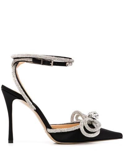 Mach & Mach Double Bow Crystal-embellished Satin Heeled Sandals In Black