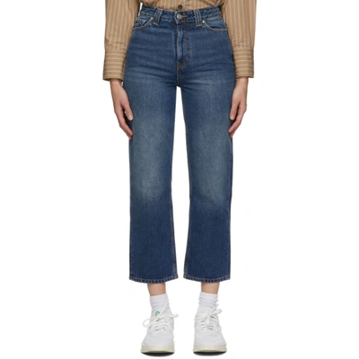 Ganni Blue Washed High-waisted Cropped Jeans In Denim