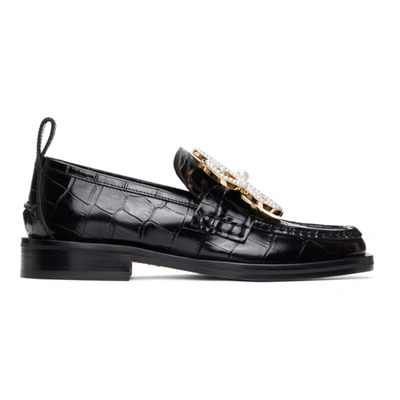 Loewe Black Embellished Crocodile-effect Leather Loafers