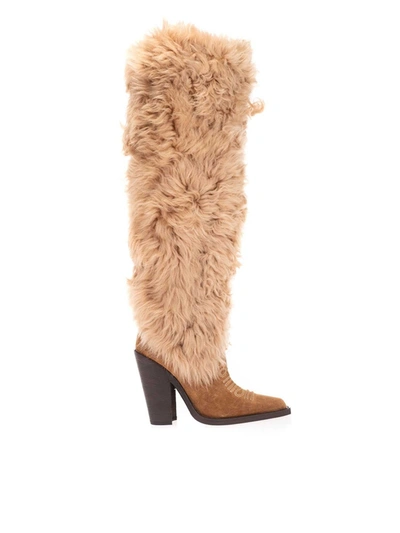 Dsquared2 Western Shearling Boots In Beige In Camel
