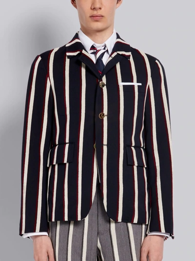 Thom Browne Tricolor Velvet Bold Rep Stripe Wool Cotton Suiting Cutaway Jacket In Blue
