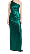 MARCHESA NOTTE ONE SHOULDER METALLIC GOWN WITH SIDE SLIT