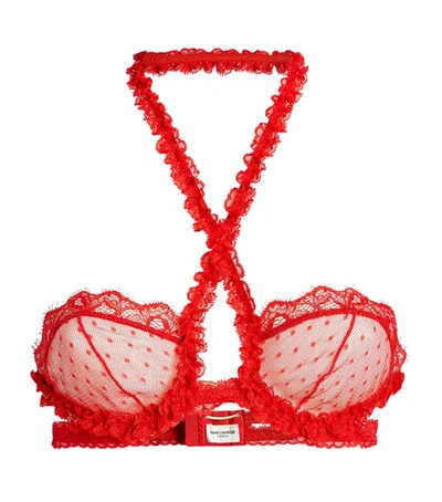 Saint Laurent Sheer Tulle & Chantilly Lace Bra In Red