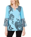 JM COLLECTION PRINTED RUFFLE-SLEEVE EMBELLISHED TOP, CREATED FOR MACY'S