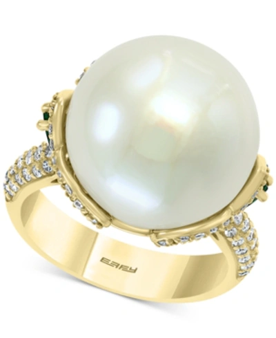 Effy Collection Effy Cultured Freshwater Pearl (15mm) Emerald (1/2 Ct. T.w.) & Diamond (5/8 Ct. T.w.) Statement Ring In Yellow Gold