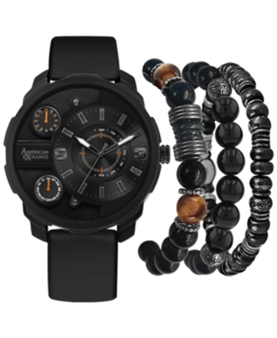 American Exchange Men's Black Rubber Strap Watch 46mm Gift Set