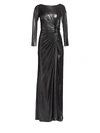 RENE RUIZ COLLECTION WOMEN'S RUCHED SIDE SLIT PATENT GLITTER LONG-SLEEVE GOWN,0400010166818