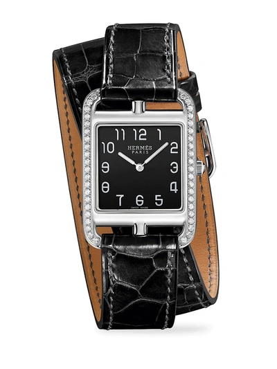 Hermes Women's Cape Cod 37mm Diamond, Stainless Steel & Alligator Strap Watch In Black