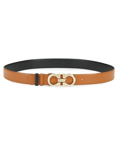 Ferragamo Double Gancini Reversible Leather Belt In Olivello Nero