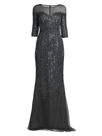 Basix Black Label Mesh Embellished Gown In Charcoal