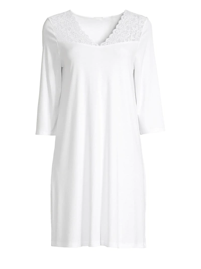 Hanro Moments Lace Trim Three-quarter Sleeve Cotton Gown In White
