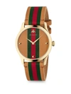 GUCCI G-TIMELESS STRIPE LEATHER STRAP WATCH,400098077640