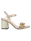 Gucci Marmont Logo-embellished Metallic Cracked-leather Sandals In Gold