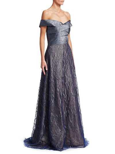 Rene Ruiz Collection Women's Off-the-shoulder Gown In Slate Blue