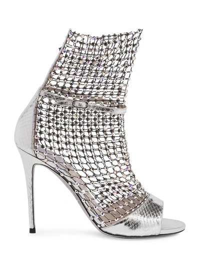 René Caovilla Galaxia Crystal-embellished Mesh And Metallic Watersnake Sandals In Silver  Crystal  & Honey