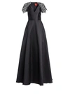 ml Monique Lhuillier Lace-sleeve A-line Gown In Black