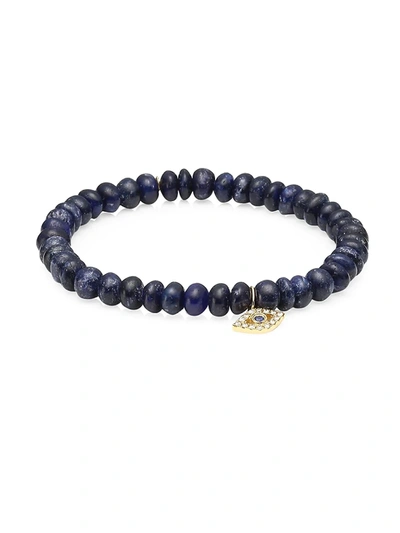Sydney Evan 14k Gold Fluted Diamond Charm On Blue Sapphire Rondelle Bead Bracelet