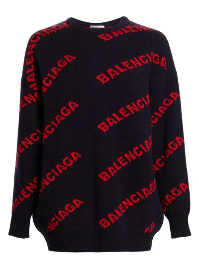 Balenciaga Women's Intarsia Knit Logo Sweater In Navy Orange