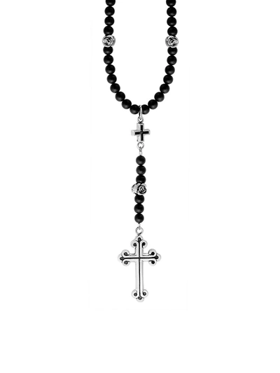 King Baby Studio Onyx Sterling Silver Beaded Cross Rosary In Silver Black