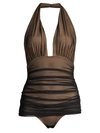 Norma Kamali Bill Ruched-mesh Halter Maillot Swimsuit, Black In Black Mesh