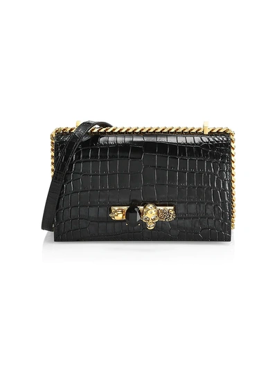Alexander Mcqueen The Croc-embossed Jewelled Leather Satchel In Black