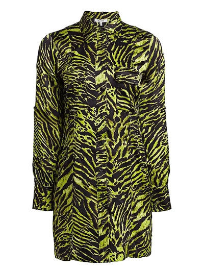 Ganni Women's Stretch Silk Satin Tiger-stripe Shirtdress In Green