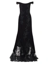 RENE RUIZ COLLECTION LACE CREPE OFF-THE-SHOULDER MERMAID GOWN,400010761255