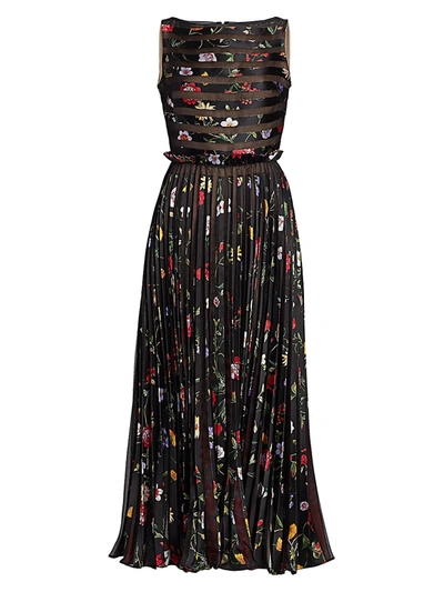 Oscar De La Renta Women's Sleeveless Floral Pleated Silk-blend Midi Dress In Black