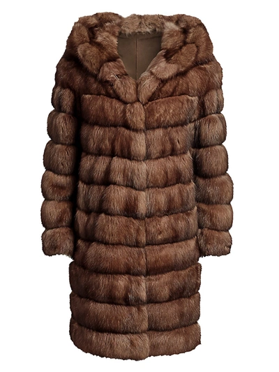 The Fur Salon Hooded Sable Fur Long Coat In Tortora