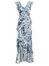 THEIA PRINTED V-NECK RUFFLE GOWN,400011773585