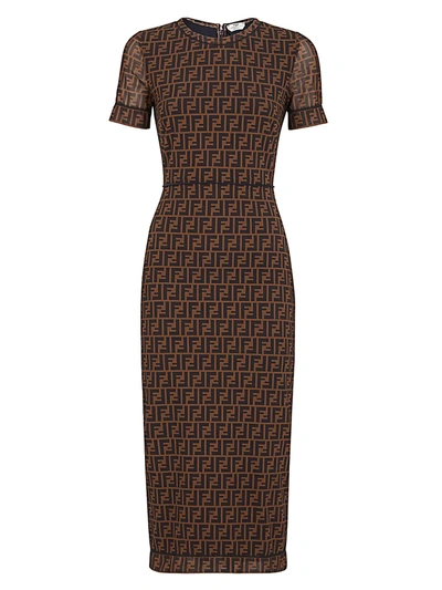 Fendi Abito Midi In Micro-rete Con Logo Ff In Brown,black