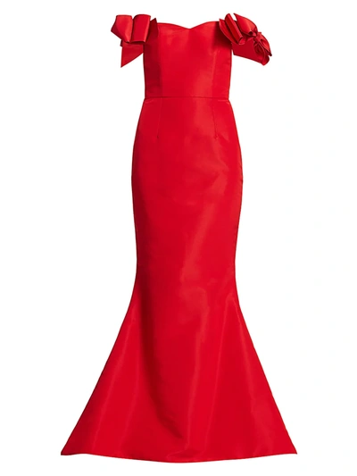 Alexia Maria Silk Faille Off-the-shoulder Bow Gown In Red
